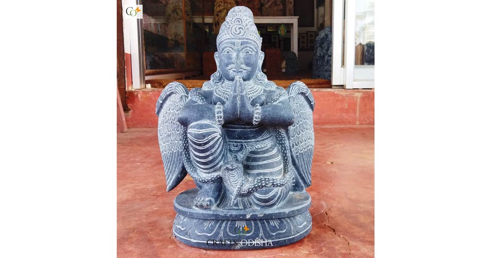 Black Granite Stone 18 inch Garuda Statue for Puja | Crafts Odisha